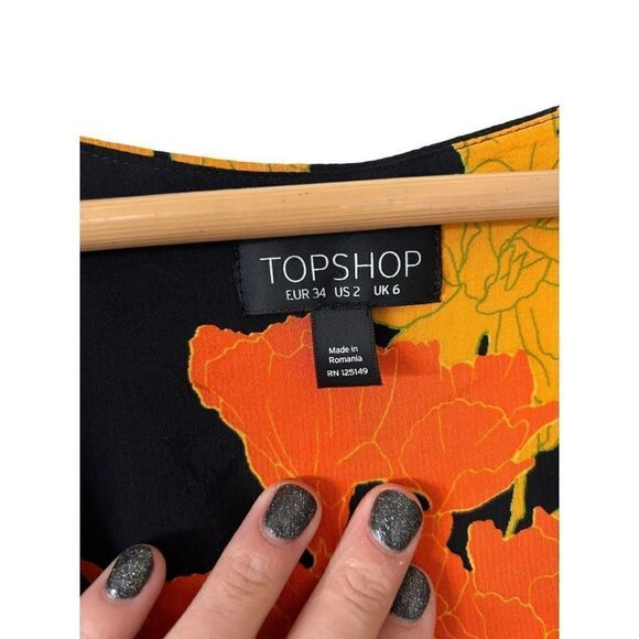 TOPSHOP Big Bloom  Multicolore Tie Wrap Blouse Gold Leaves Size 2 XS Fairy - Picture 4 of 12